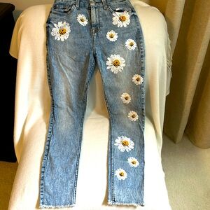 7 for All Mankind, high waisted stretch denim jean with daisy print